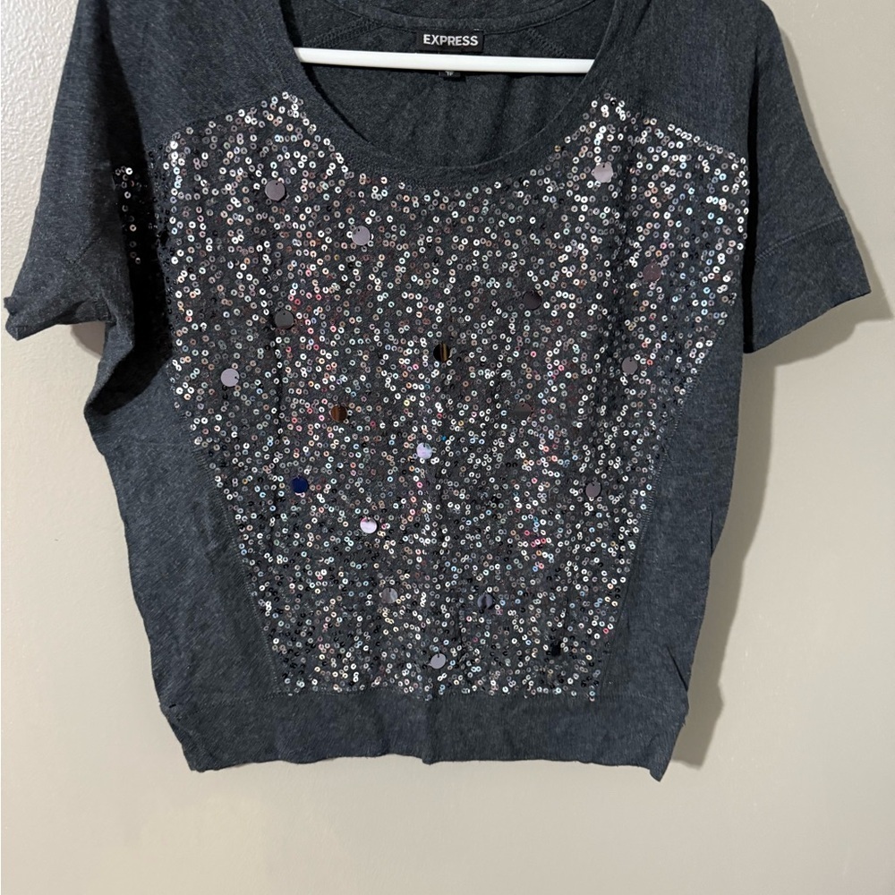 Express Gray Sequin Short Sleeve T-Shirt